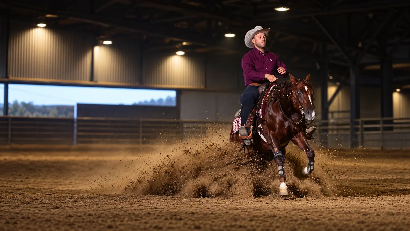 Cavaliere in reining su un Quarter Horse: scivolata nella sabbia del campo coperto